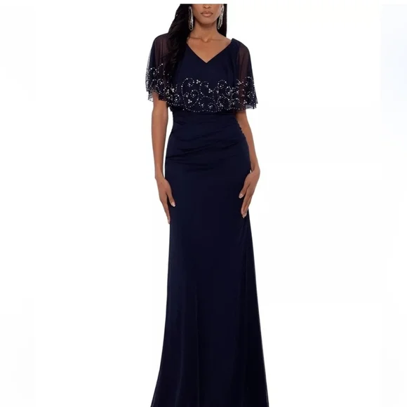 Elegant Navy Maxi Dress with Beaded Sleeves - Picture 1 of 1